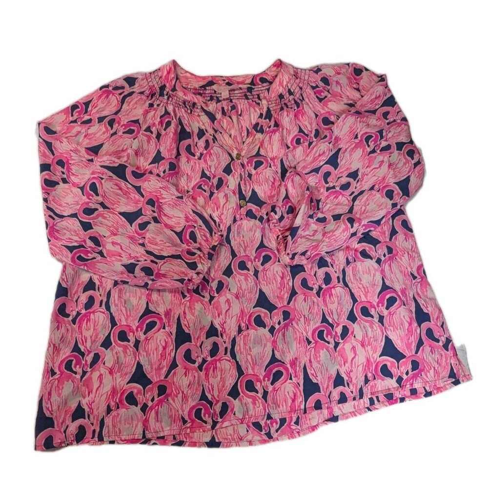 Lilly Pulitzer Elsa Top 100% Silk Flamingo Print Pink Navy XL Peasant Blouse